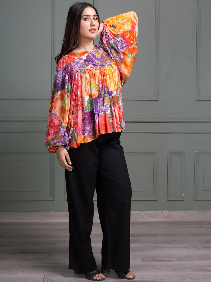 Round Neck Top with Full Sleeves and Abstract Floral Print Pattern