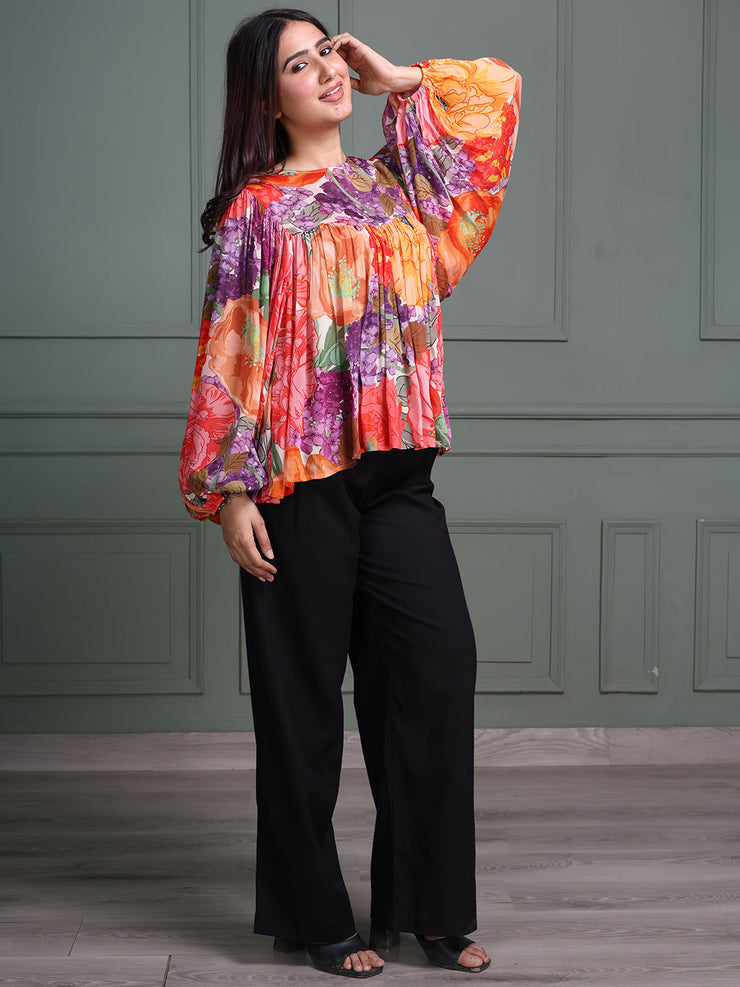 Round Neck Top with Full Sleeves and Abstract Floral Print Pattern