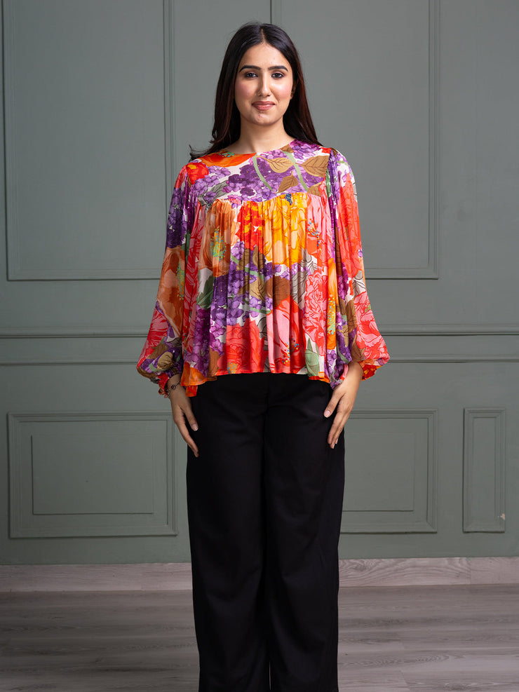 Round Neck Top with Full Sleeves and Abstract Floral Print Pattern
