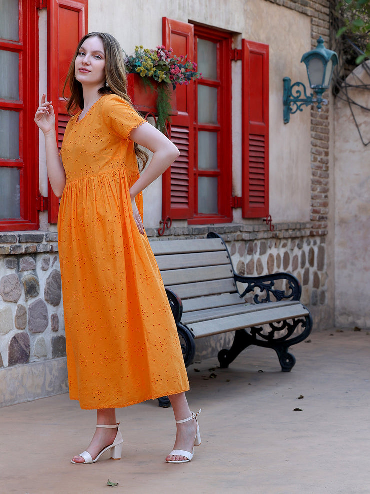 Orange Schiffly Dress With Lace Detailing
