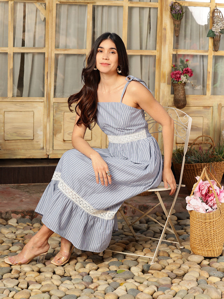 Blue Strap  Dress In Stripes With Lace Detailing