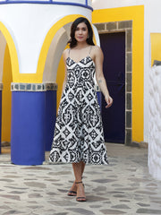 White & Black Printed Cotton Slub Strap Dress