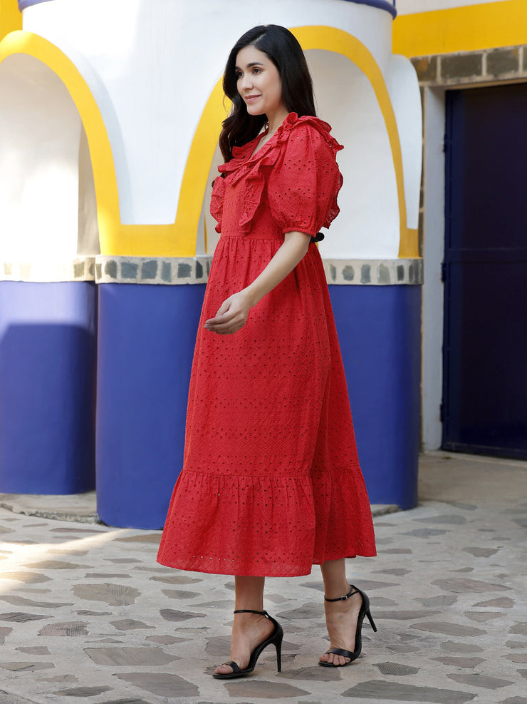 Red Embroidered Schiffli Dress