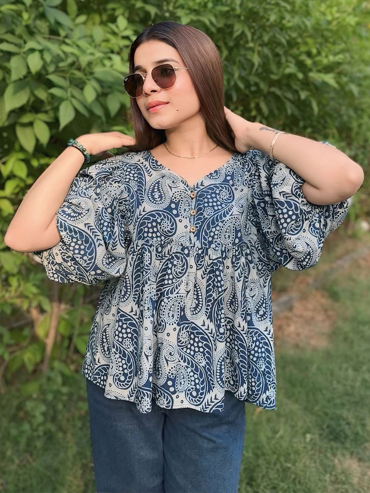 Blue Paisley Printed Cotton Peplum Top with Puff Sleeves