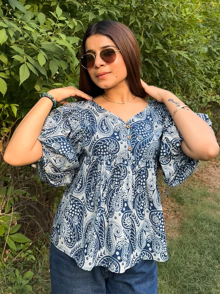 Blue Paisley Printed Cotton Peplum Top with Puff Sleeves