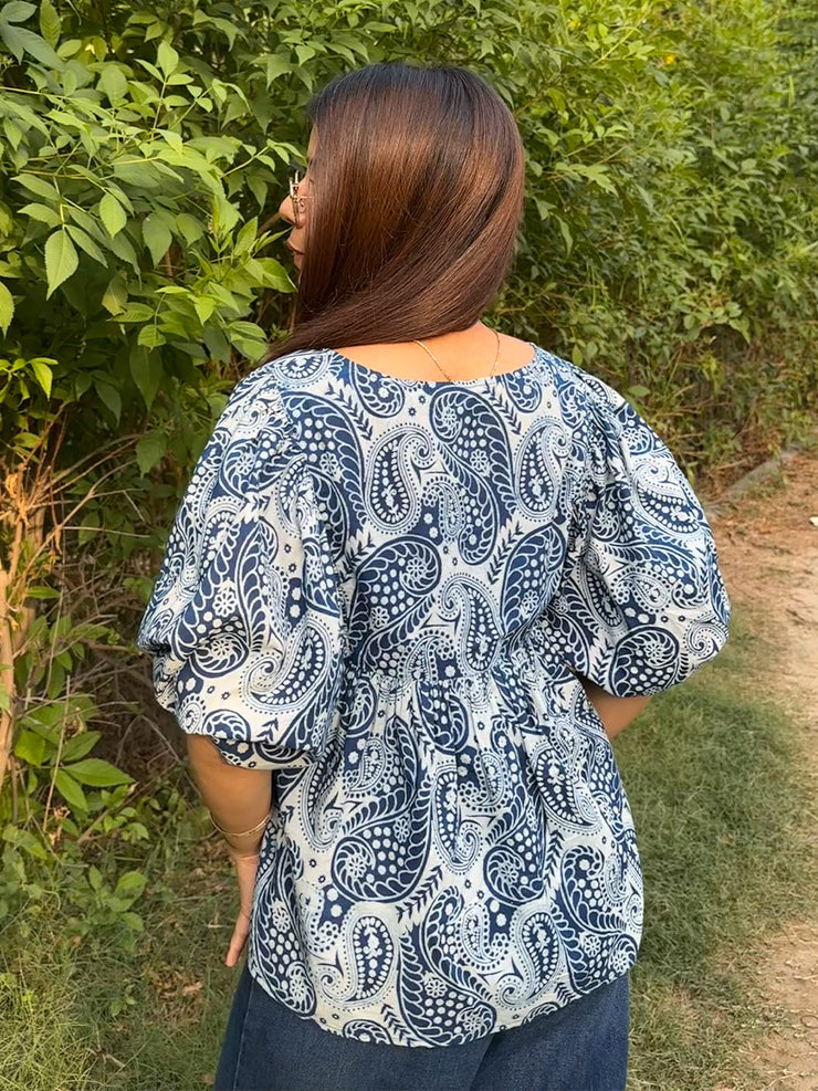 Blue Paisley Printed Cotton Peplum Top with Puff Sleeves
