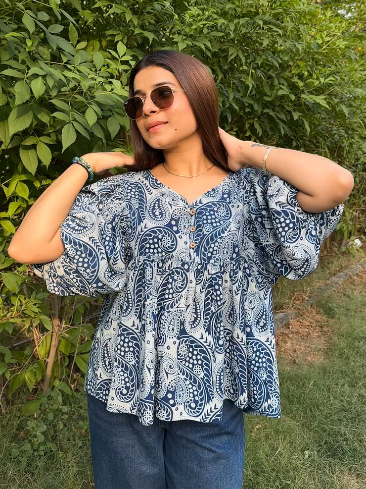 Blue Paisley Printed Cotton Peplum Top with Puff Sleeves