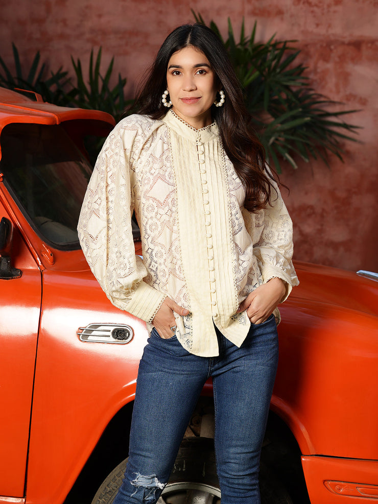 Cream Lace Blouse With Pintuck Details