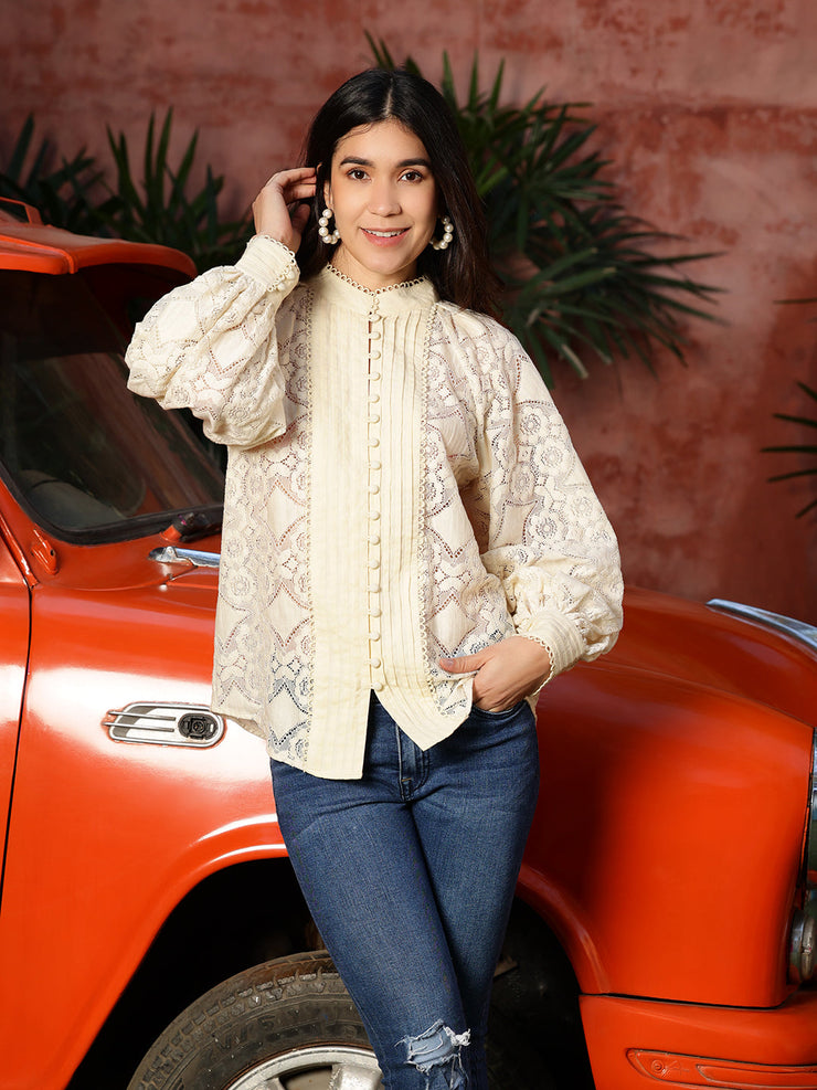 Cream Lace Blouse With Pintuck Details
