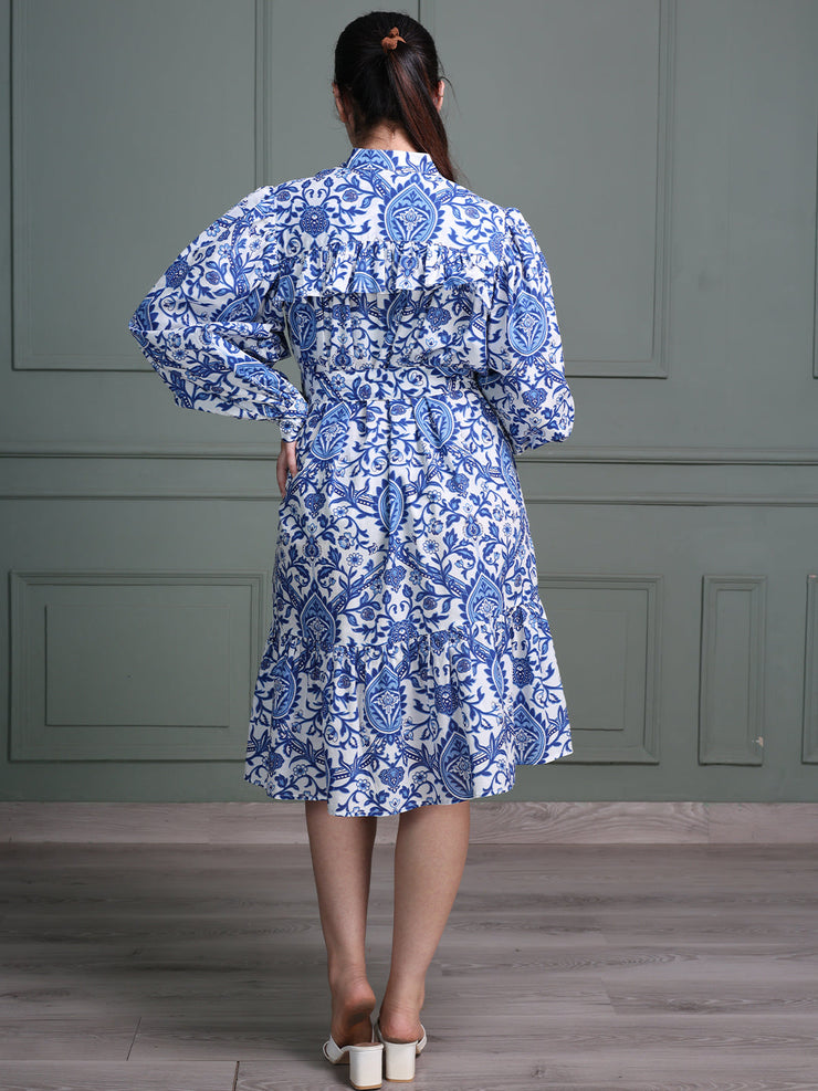 Mandarin Neck Dress with Full Puff Sleeves and Floral Paisley Print