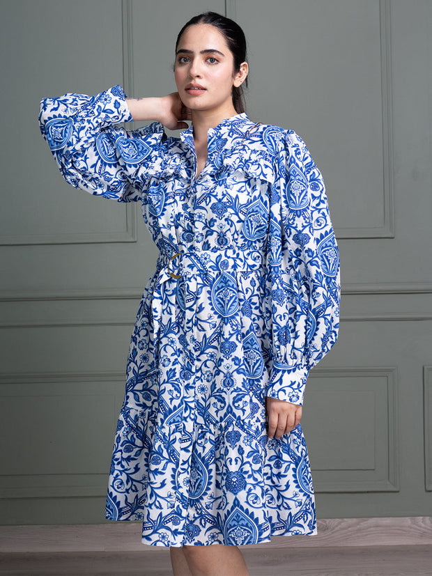 Mandarin Neck Dress with Full Puff Sleeves and Floral Paisley Print