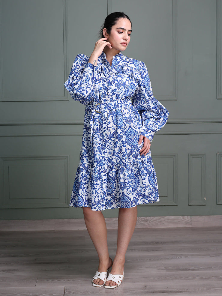 Mandarin Neck Dress with Full Puff Sleeves and Floral Paisley Print