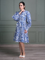 Mandarin Neck Dress with Full Puff Sleeves and Floral Paisley Print