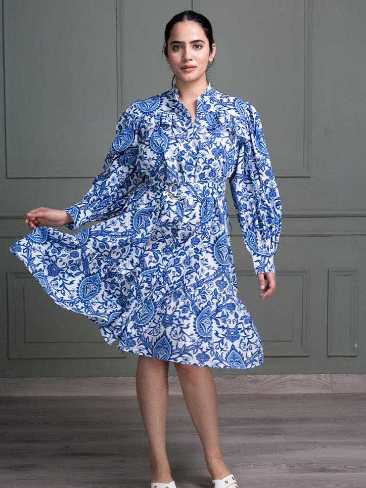 Mandarin Neck Dress with Full Puff Sleeves and Floral Paisley Print