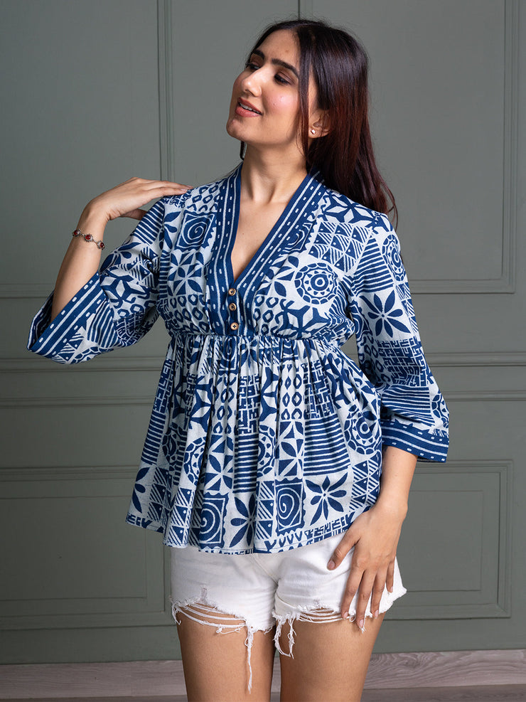 Indigo Handblock Peplum Top with Bell Sleeves