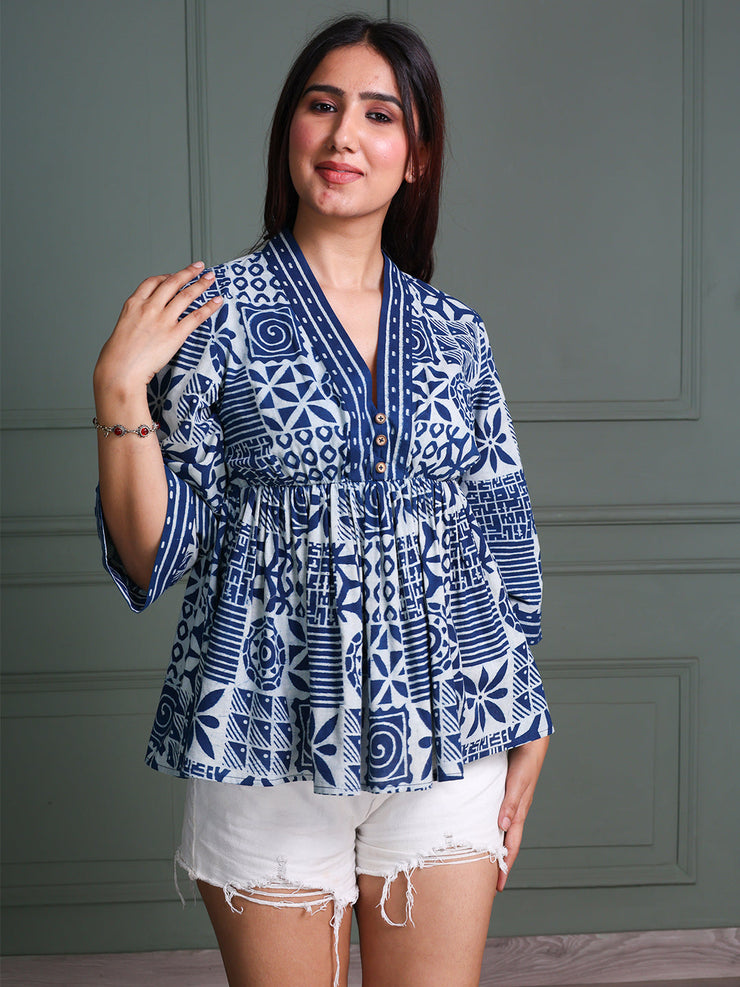 Indigo Handblock Peplum Top with Bell Sleeves