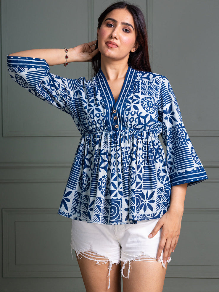 Indigo Handblock Peplum Top with Bell Sleeves