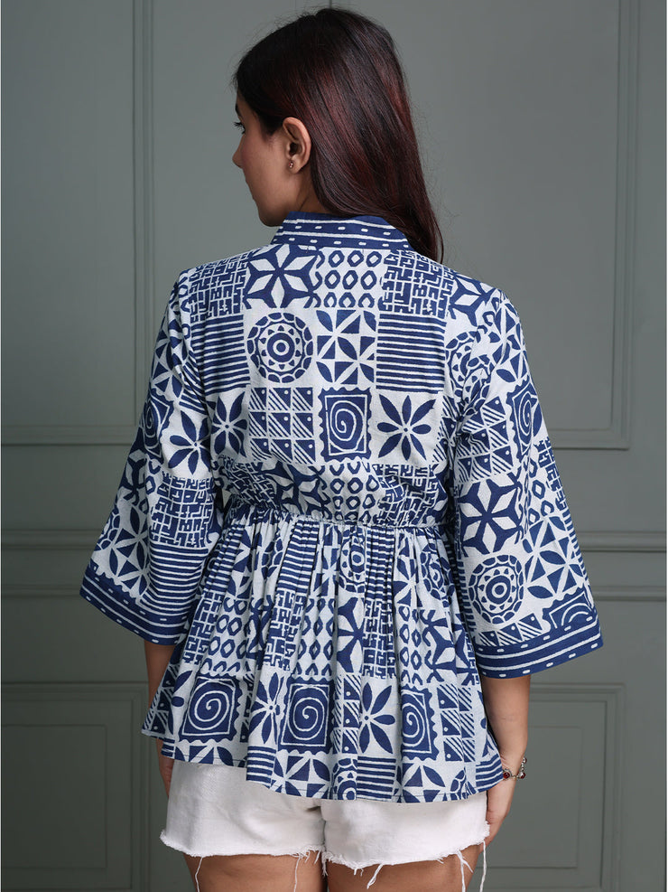 Indigo Handblock Peplum Top with Bell Sleeves