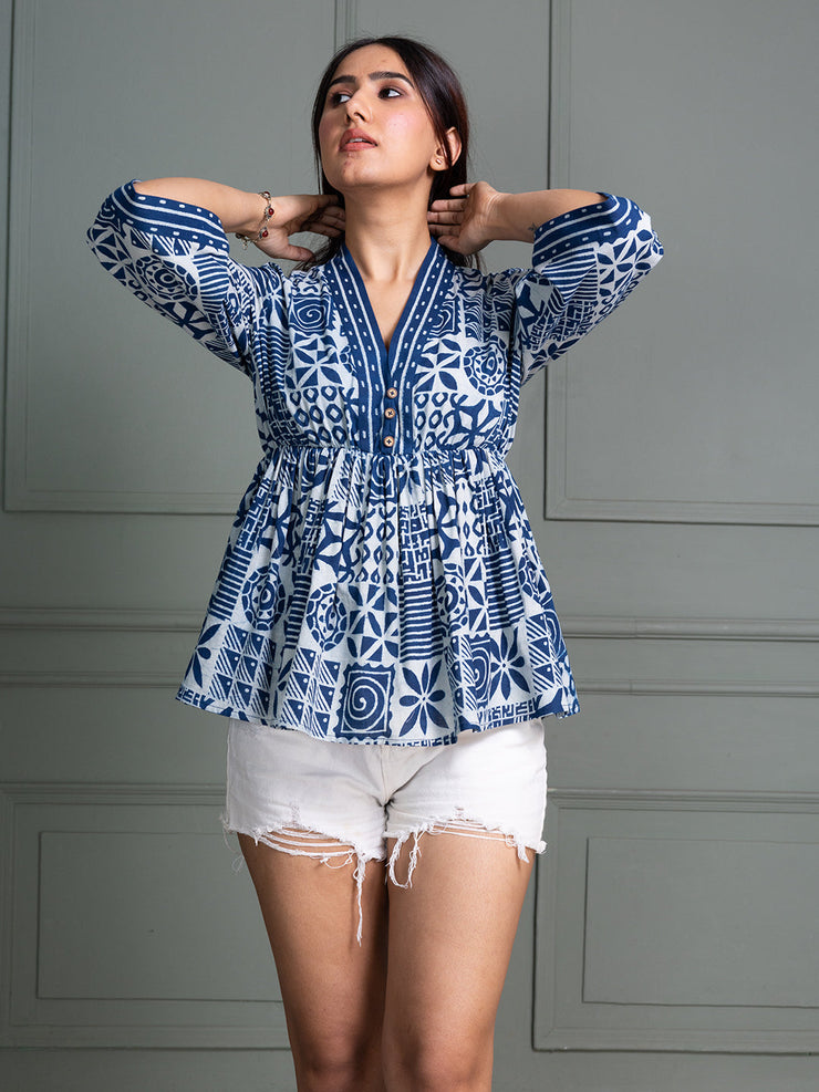 Indigo Handblock Peplum Top with Bell Sleeves