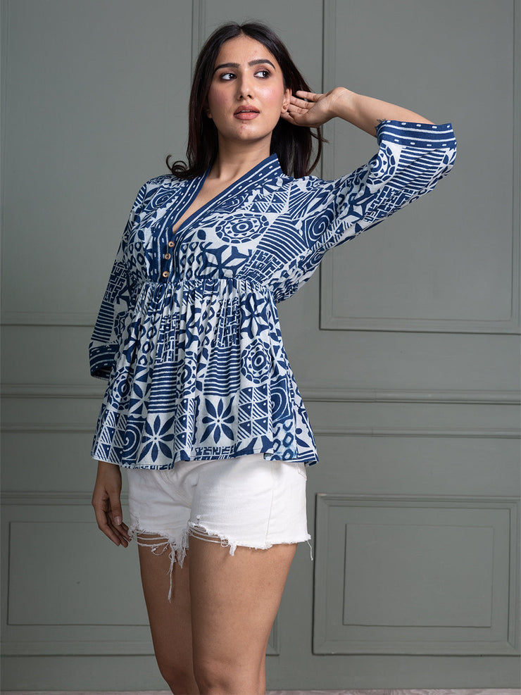 Indigo Handblock Peplum Top with Bell Sleeves