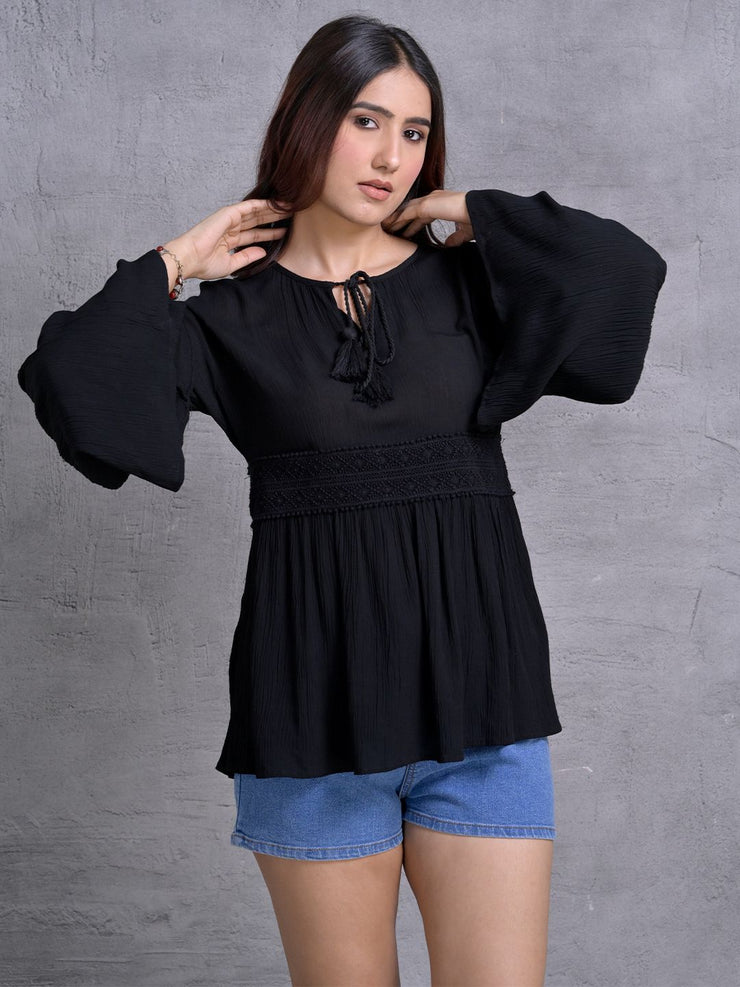 Black Flared Sleeve Peplum Top with Tie-Up Neck