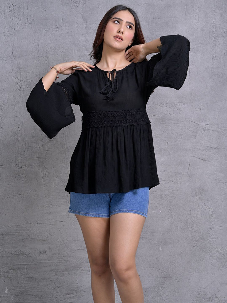 Black Flared Sleeve Peplum Top with Tie-Up Neck