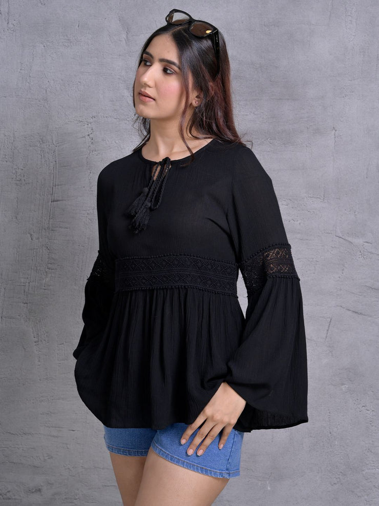 Black Flared Sleeve Peplum Top with Tie-Up Neck