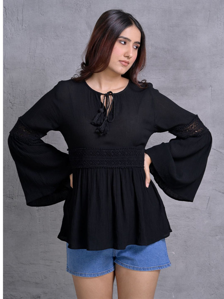 Black Flared Sleeve Peplum Top with Tie-Up Neck