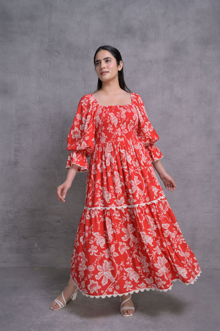 Red Floral Print Maxi Dress with Puff Sleeves