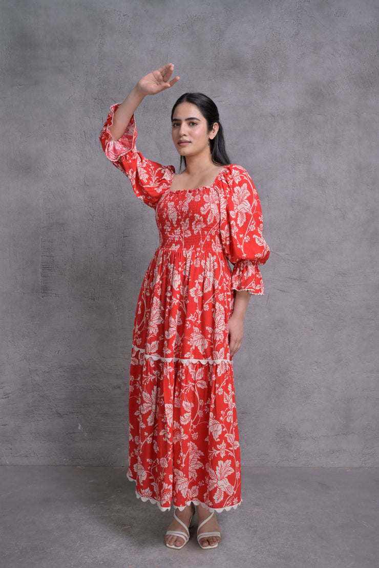 Red Floral Print Maxi Dress with Puff Sleeves