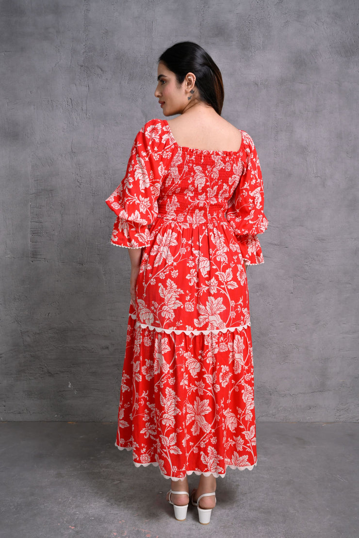 Red Floral Print Maxi Dress with Puff Sleeves