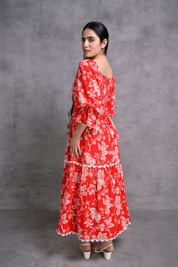 Red Floral Print Maxi Dress with Puff Sleeves