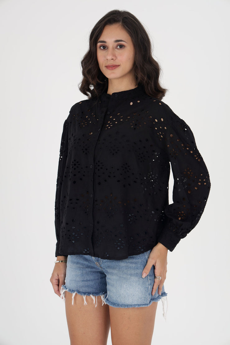 Black Eyelet Embroidered Button-Down Shirt with Balloon Sleeves