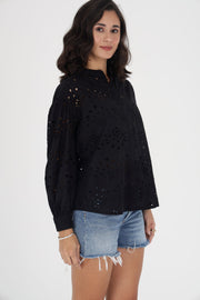 Black Eyelet Embroidered Button-Down Shirt with Balloon Sleeves