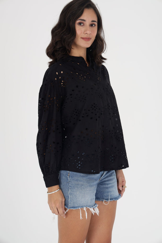 Black Eyelet Embroidered Button-Down Shirt with Balloon Sleeves