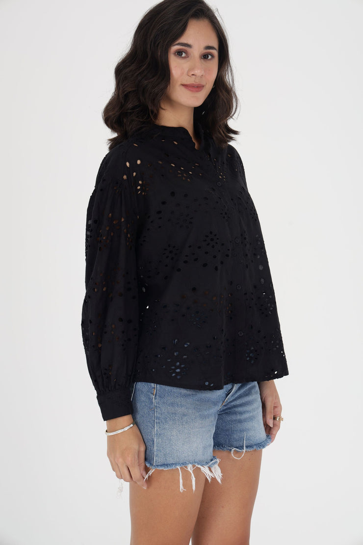 Black Eyelet Embroidered Button-Down Shirt with Balloon Sleeves