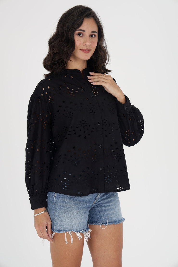 Black Eyelet Embroidered Button-Down Shirt with Balloon Sleeves