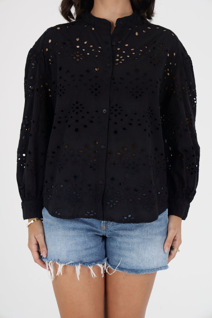 Black Eyelet Embroidered Button-Down Shirt with Balloon Sleeves