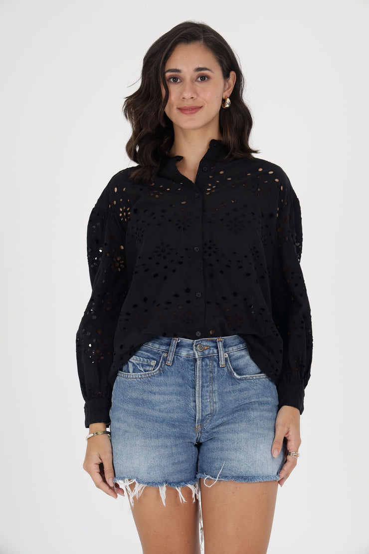 Black Eyelet Embroidered Button-Down Shirt with Balloon Sleeves