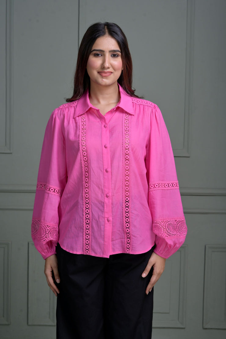 Pink Button-Down Shirt with Lace Detailing and Puff Sleeves