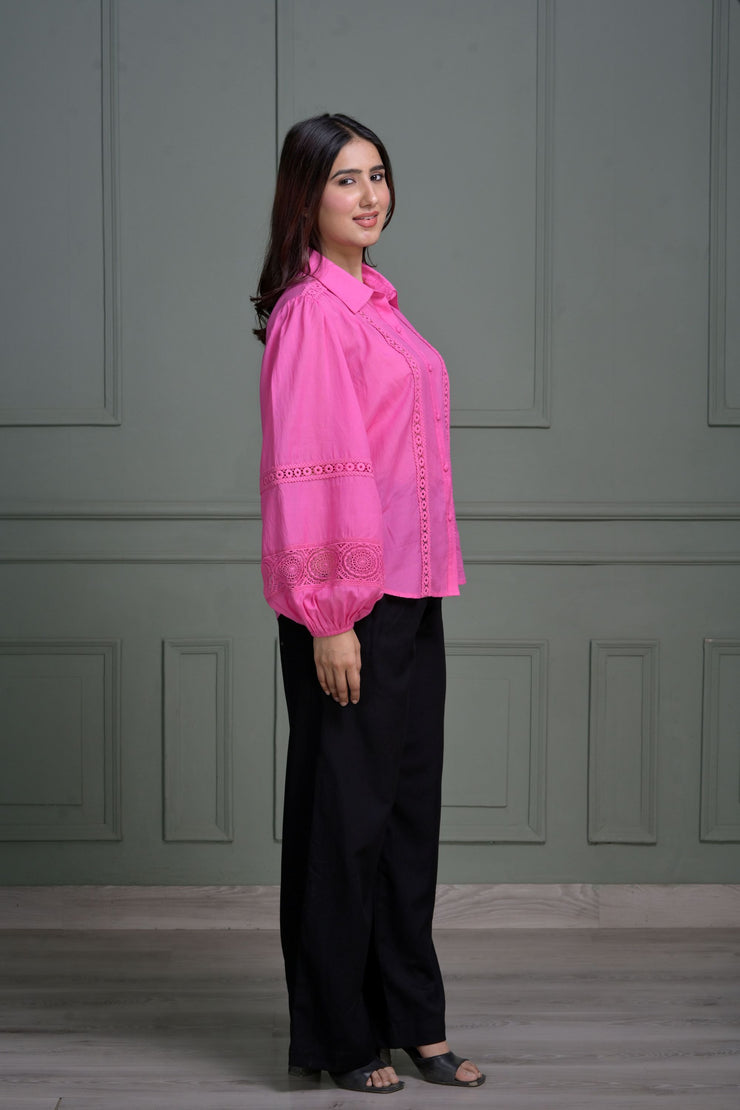Pink Button-Down Shirt with Lace Detailing and Puff Sleeves