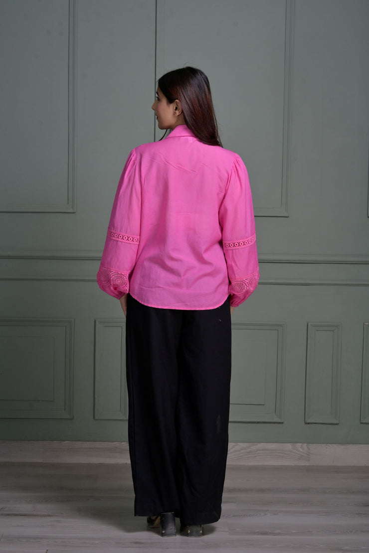 Pink Button-Down Shirt with Lace Detailing and Puff Sleeves