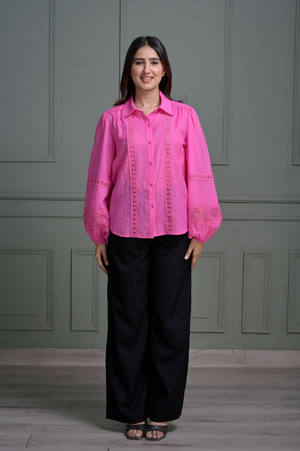 Pink Button-Down Shirt with Lace Detailing and Puff Sleeves