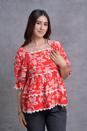 Red Floral Print Peplum Top with Puff Sleeves