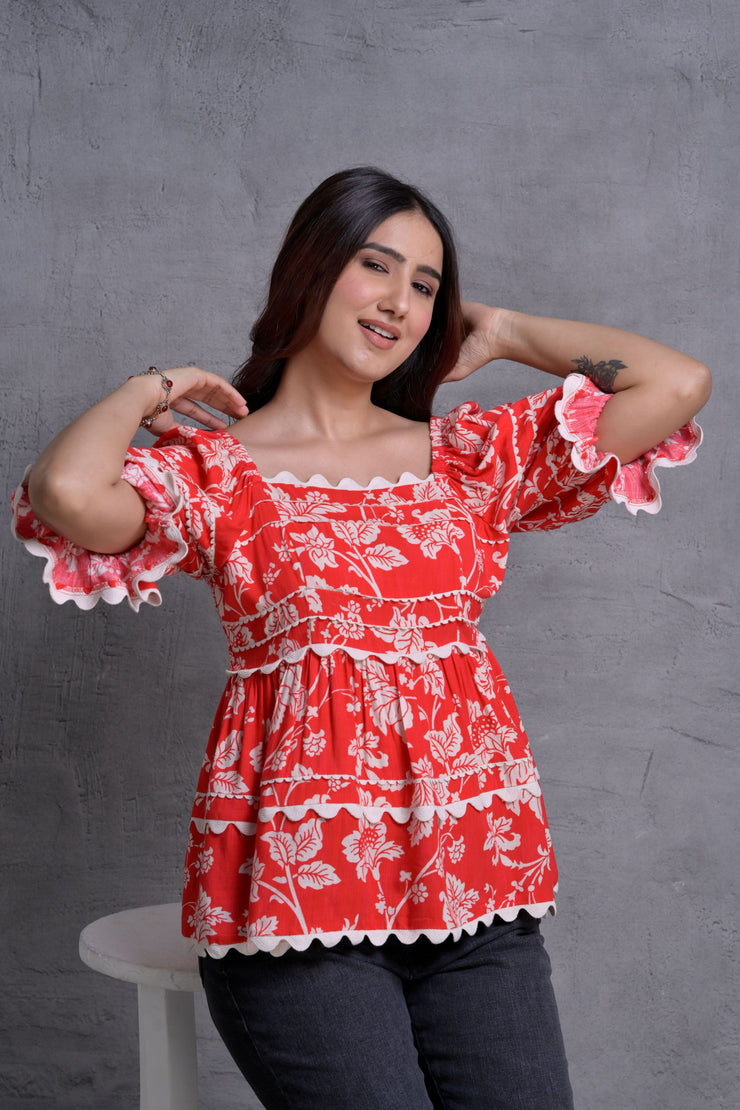 Red Floral Print Peplum Top with Puff Sleeves