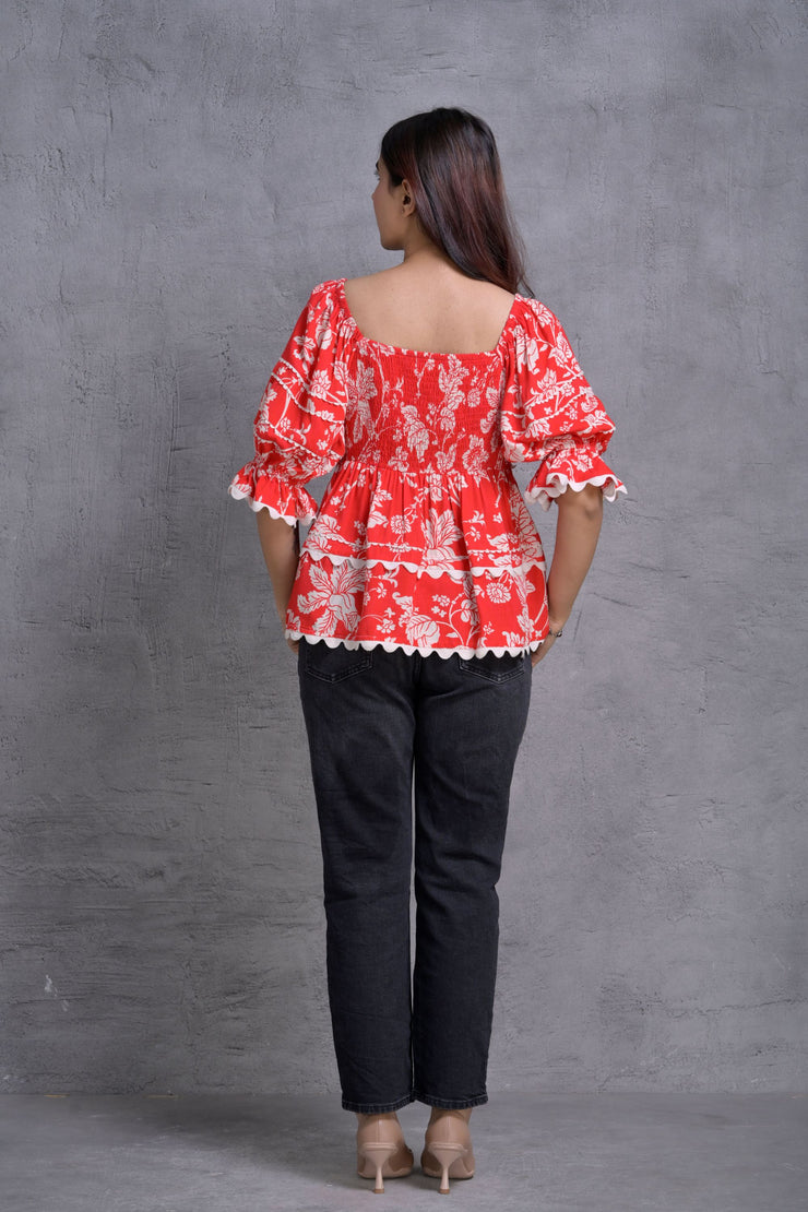 Red Floral Print Peplum Top with Puff Sleeves