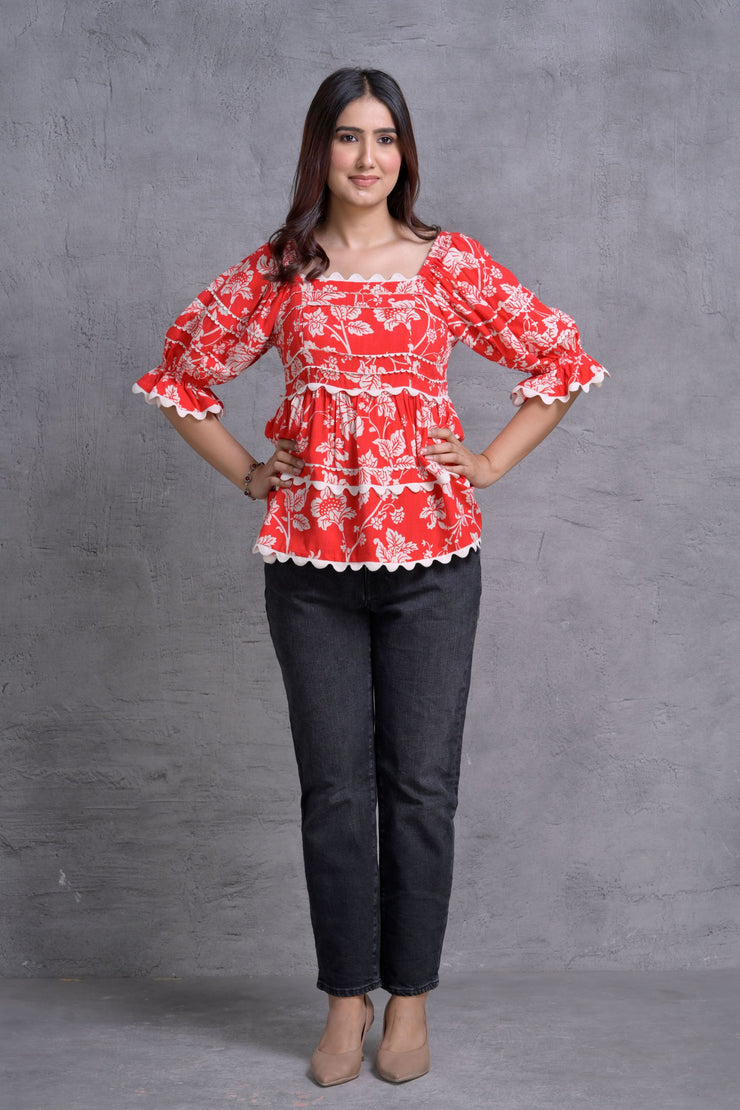 Red Floral Print Peplum Top with Puff Sleeves