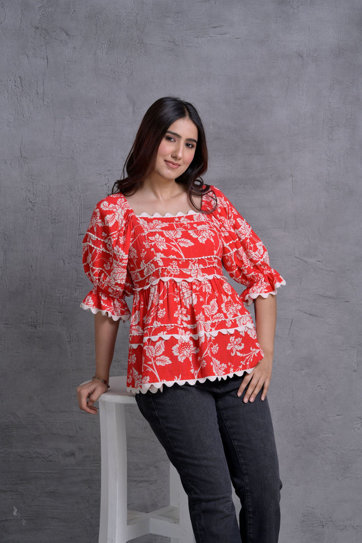 Red Floral Print Peplum Top with Puff Sleeves
